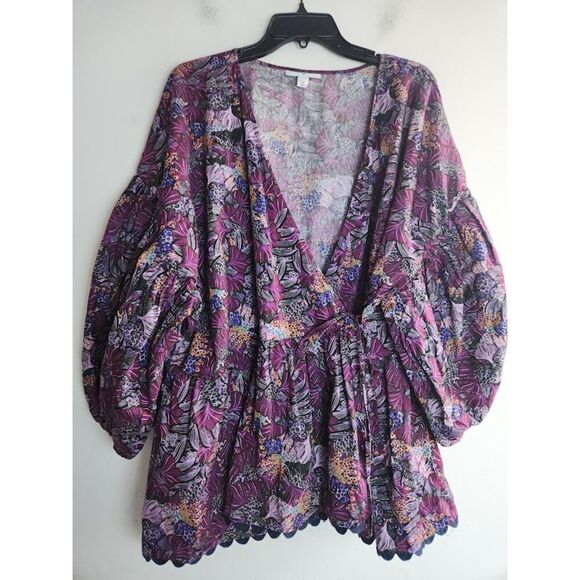 Kika Vargas for Target Purple Floral Puff Sleeve 100% Cotton Wrap Blouse size 3X - Picture 6 of 10